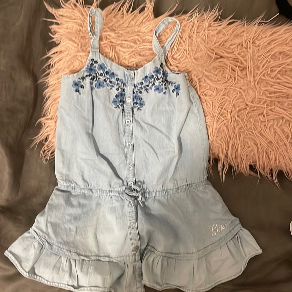 Guess kids , denim dress with embroidered top and ruffle skirt size 10-12 M